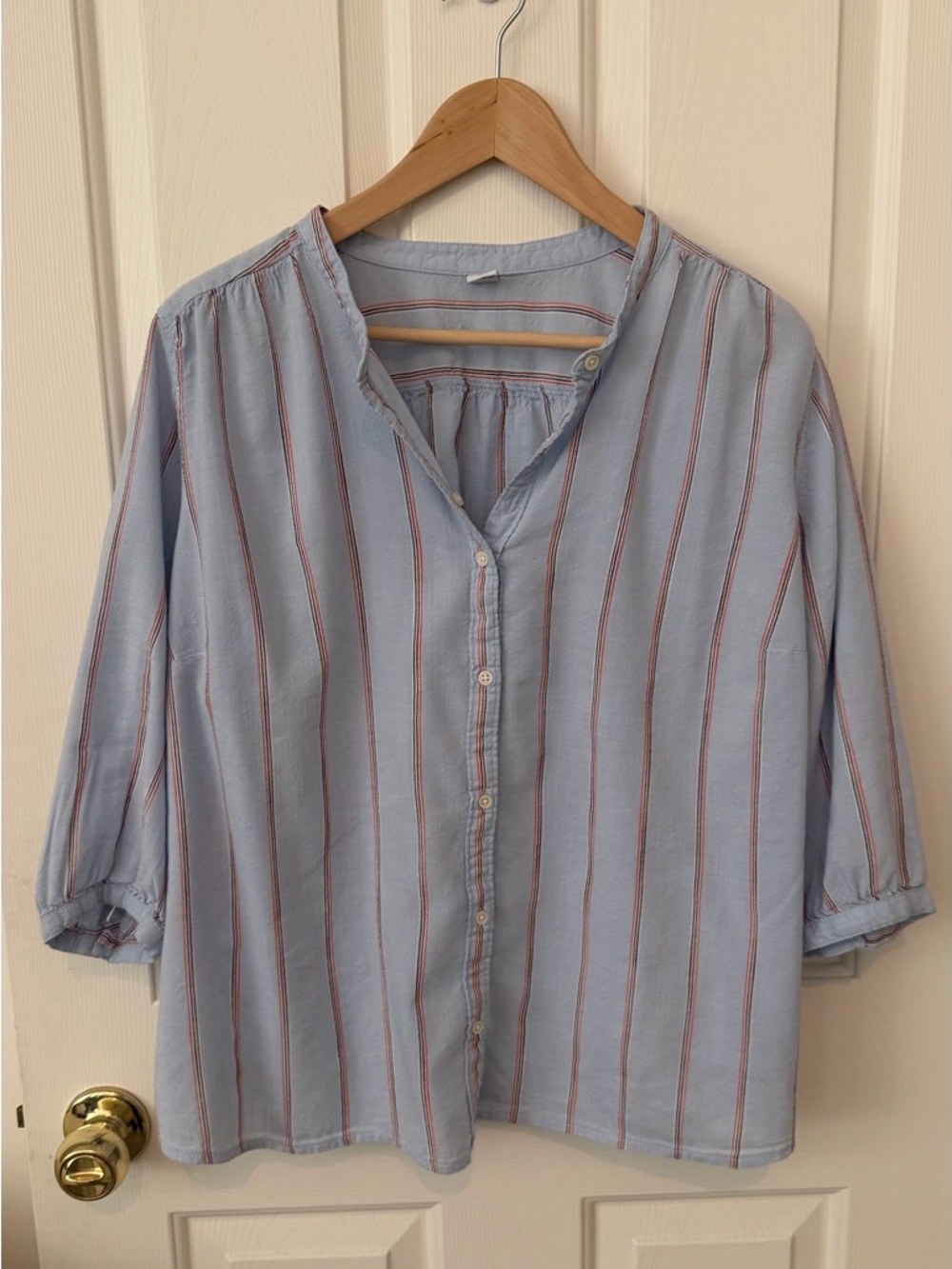 Old Navy Light Blue Button-Down Shirt with Red Stripes
